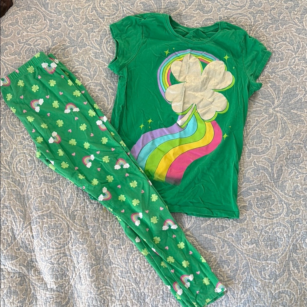 Green Kids Pajamas with Rainbow and Clover Design
